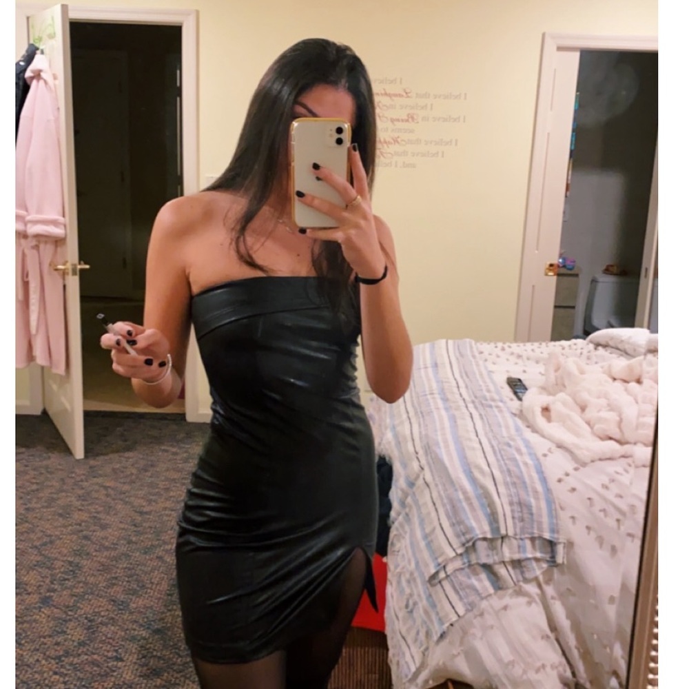 strapless leather dress